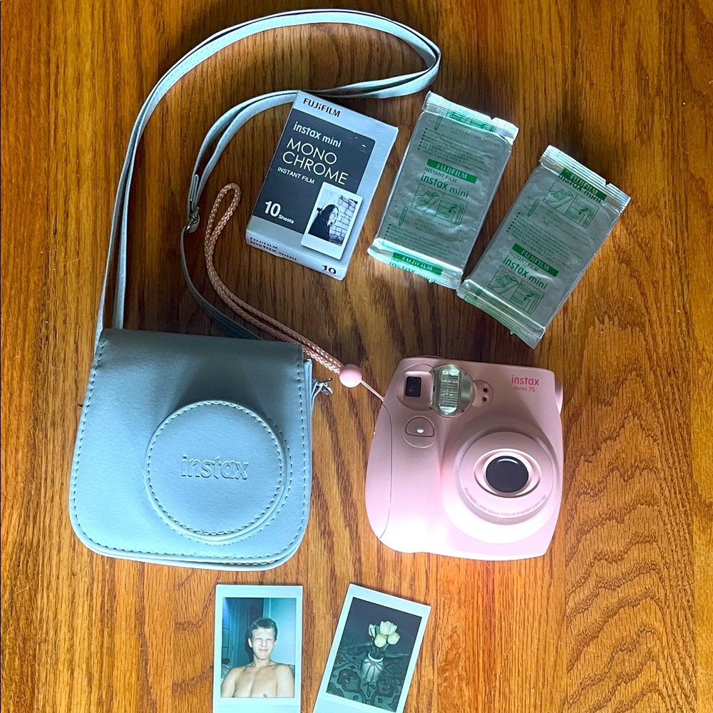 Instax Mini Pink Camera Set with Gray Case Bundle with Film Packs